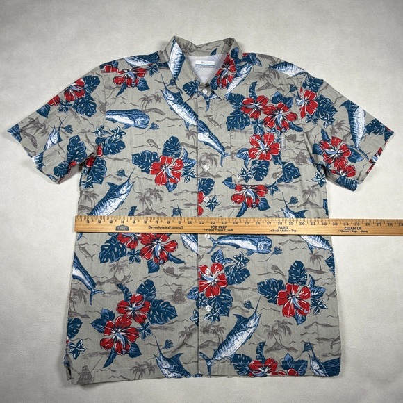 Columbia PFG Mens Medium Marlin Mahi Hibiscus Tropical Fishing Shirt Blue Red - Picture 2 of 8